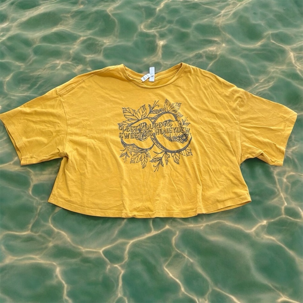 Oversized Mustard Yellow “Sweet as Honeydew” Graphic Crop Top L Short Sleeves - Picture 1 of 7